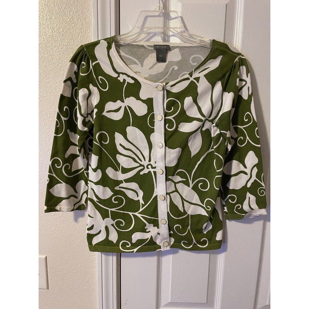 Ann Taylor Olive Floral Print Cardigan Sweater 3/4 Sleeves Womens Size Small